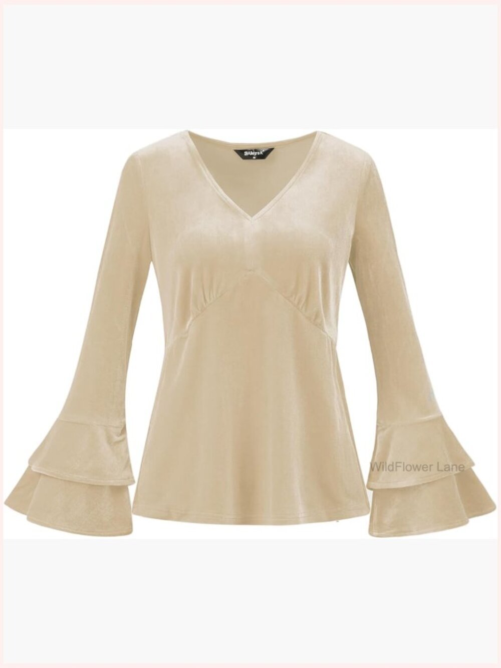 V Neck Velvet Blouse Flare Long Sleeve Peplum Top